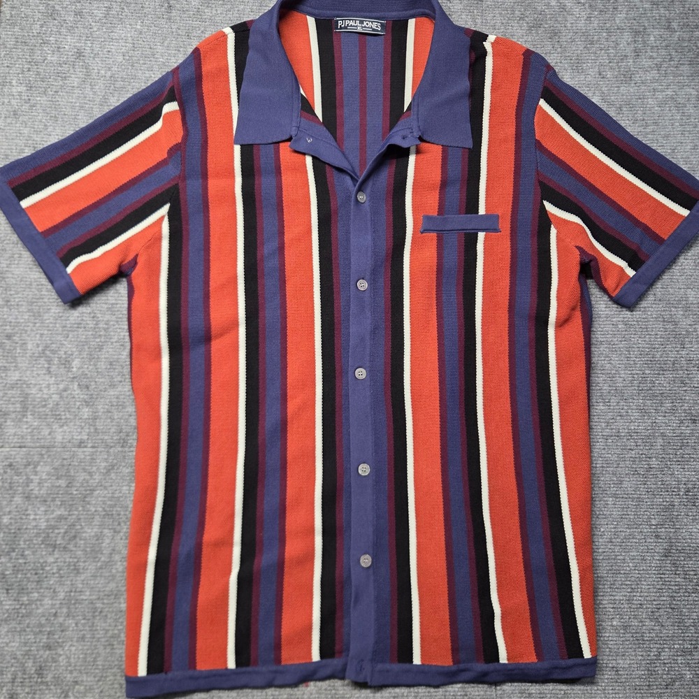PJ Paul Jones Mens XL Knit Polo Shirt Vertical Stripe Button Down Retro Orange